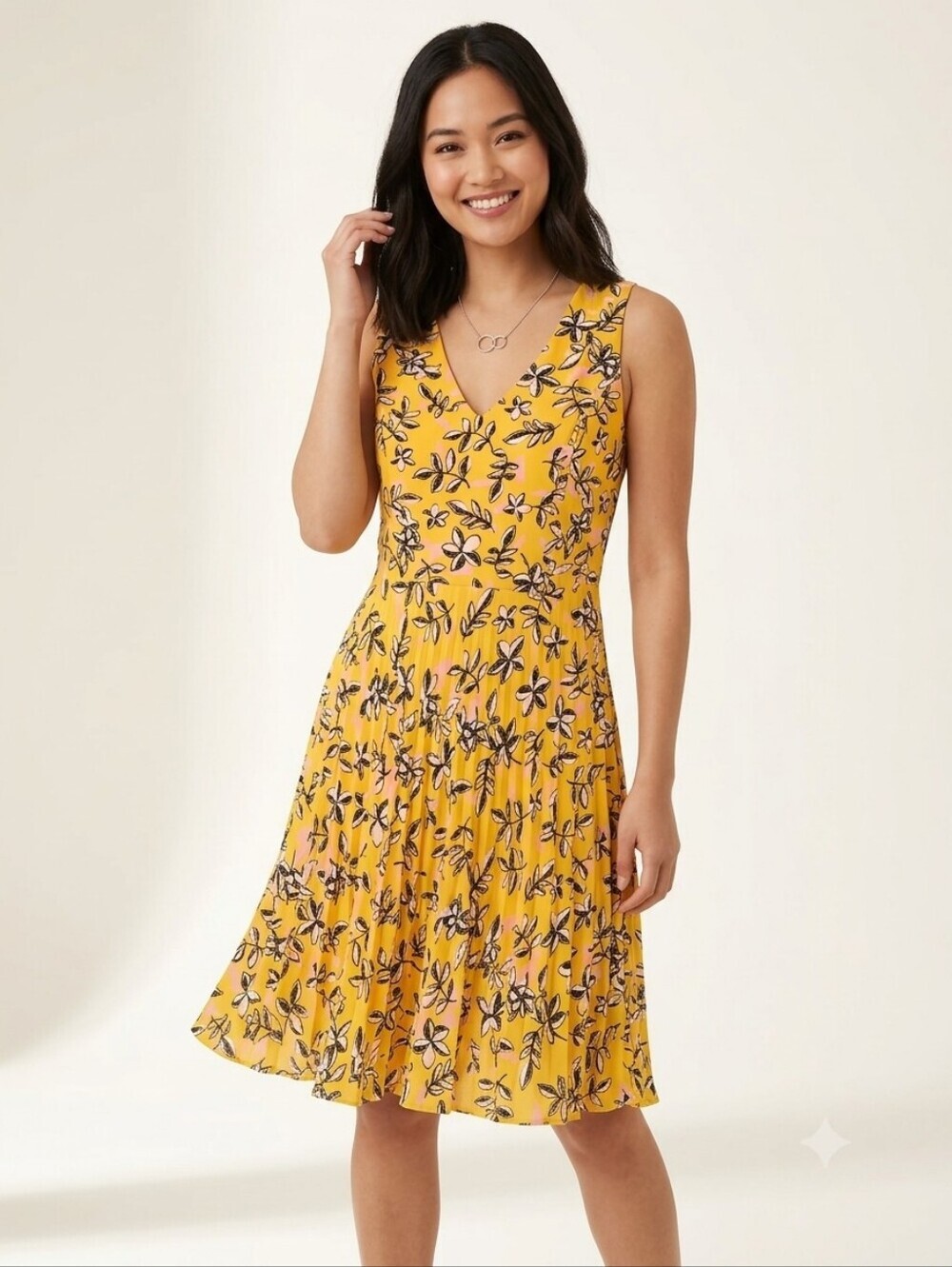Banana Republic Yellow Floral V-Neck Pleated Midi Dress